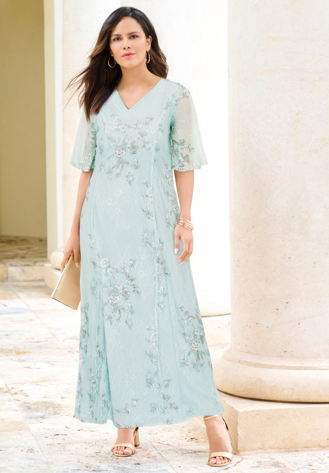 Plus-Size Flutter Sleeve Allover Embroidered Gown image number 0