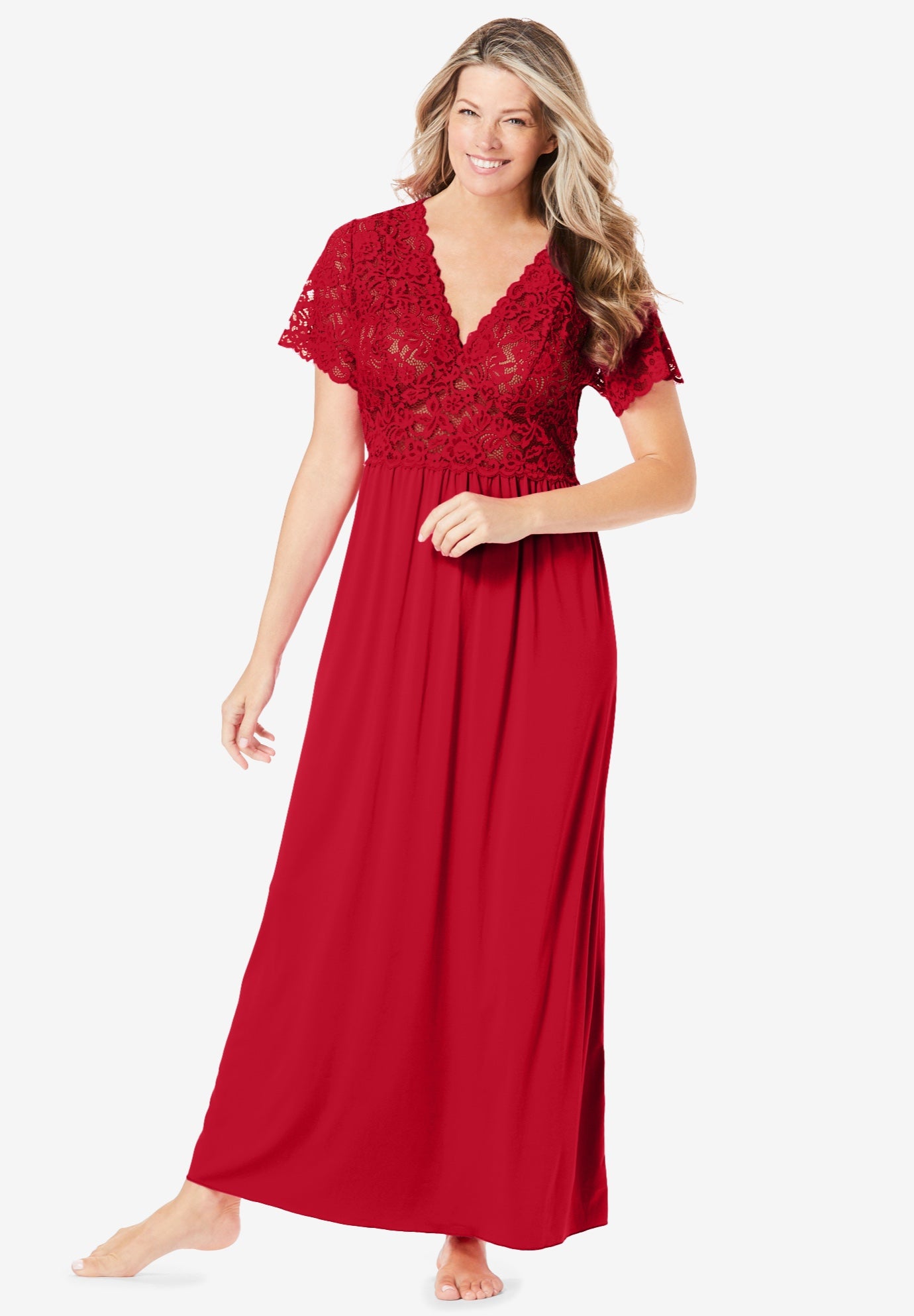 Long Lace Top Stretch Knit Gown image number 0