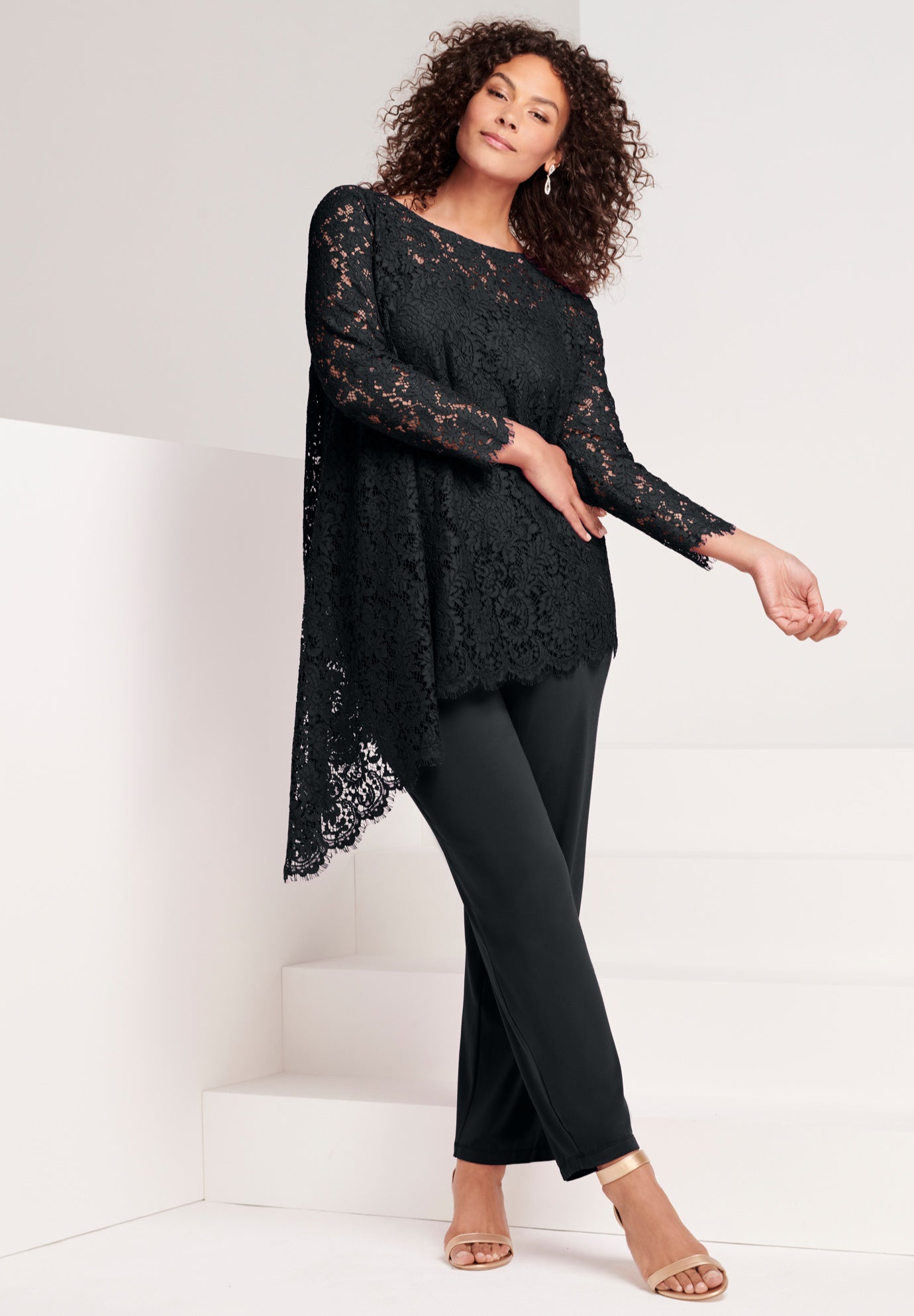 Plus-Size Asymmetrical Lace Pant Set –Long Sleeve Lace Scalloped Tunic & Elastic Waist Pants image number 5