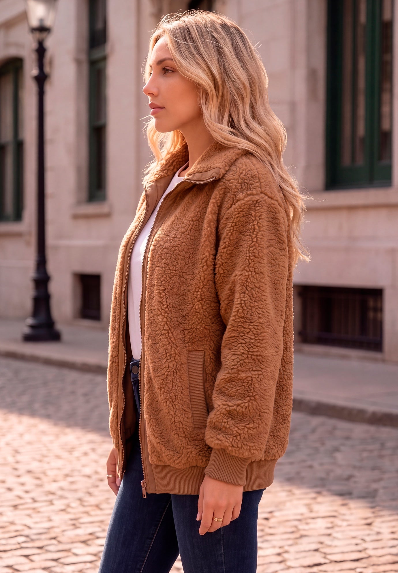 Plus Size High Collar Teddy Fleece Bomber image number 1