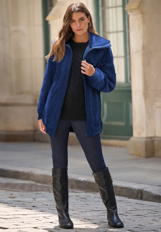 Plus Size High Collar Teddy Fleece Bomber image number 1