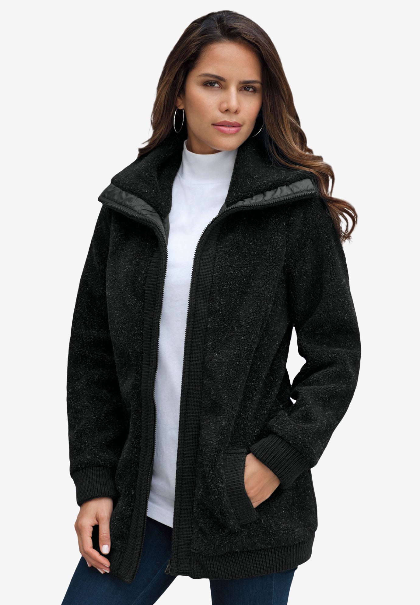 Plus Size High Collar Teddy Fleece Bomber image number 0