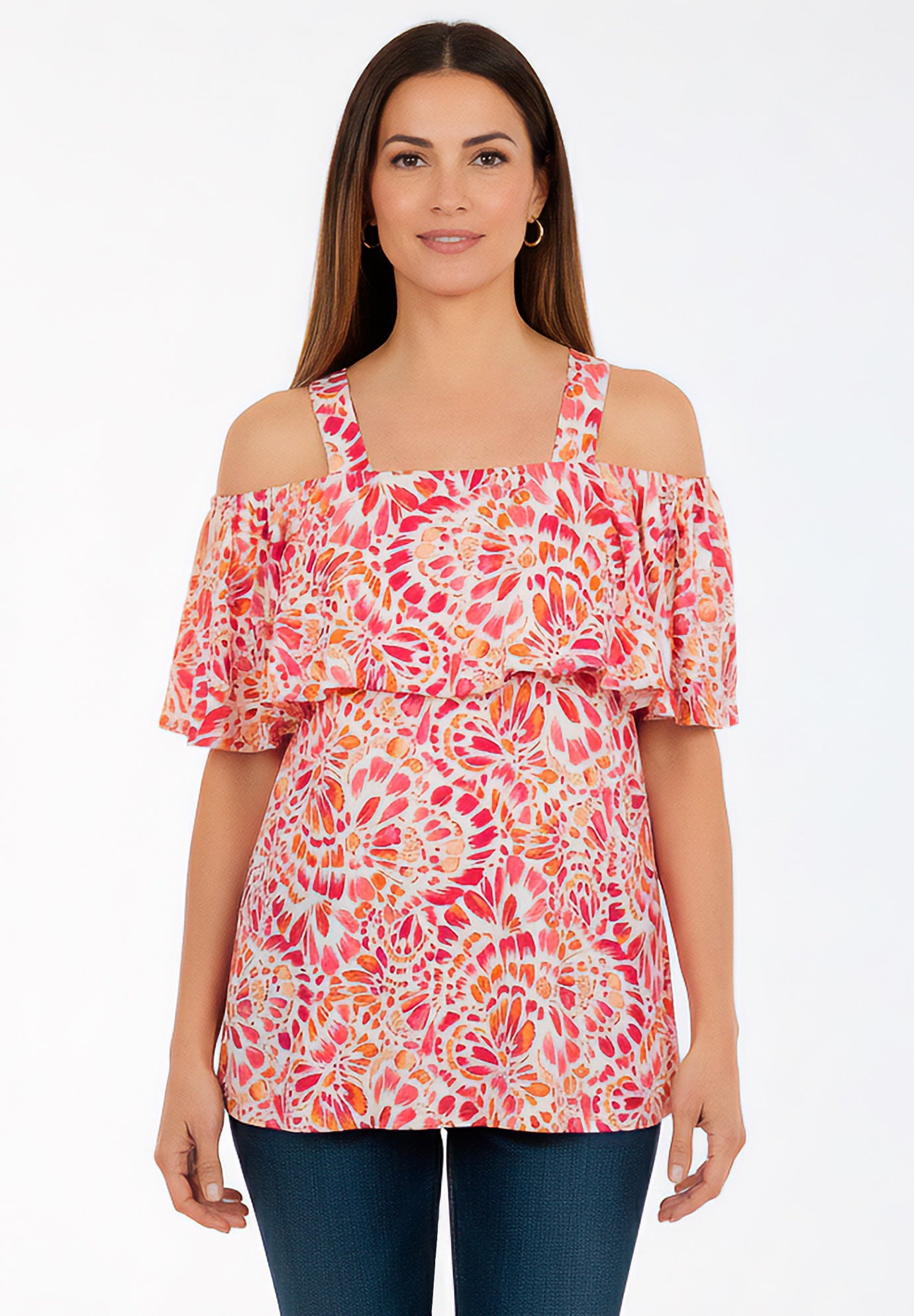 Stretch Knit Cold Shoulder Ruffle Tunic image number 0