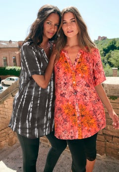 Plus Size Angelina Crinkle Crepe Y-Neck Short Sleeve Tunic