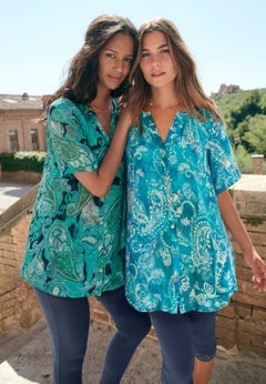 Plus Size Angelina Crinkle Crepe Y-Neck Short Sleeve Tunic