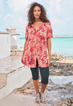 Plus Size Angelina Crinkle Crepe Y-Neck Short Sleeve Tunic