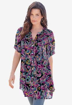 Plus Size Angelina Crinkle Crepe Y-Neck Short Sleeve Tunic