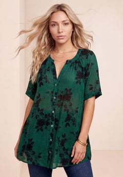 Plus Size Angelina Crinkle Crepe Y-Neck Short Sleeve Tunic