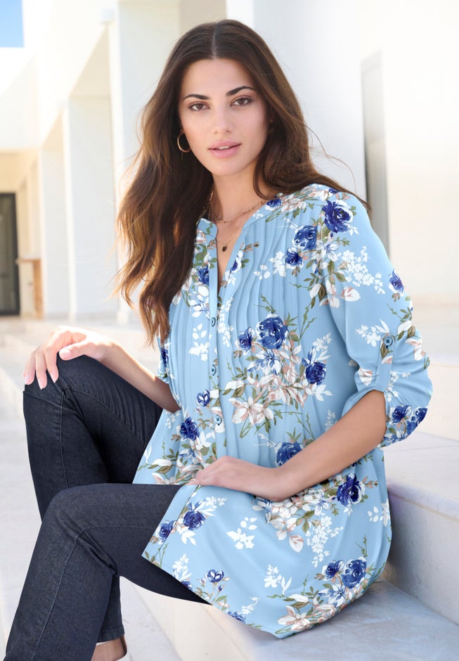 Plus Size Floral Y-Neck Pintuck Tunic &ndash; Adjustable Long Sleeve Button-Front, Relaxed Shirt Style image number 1