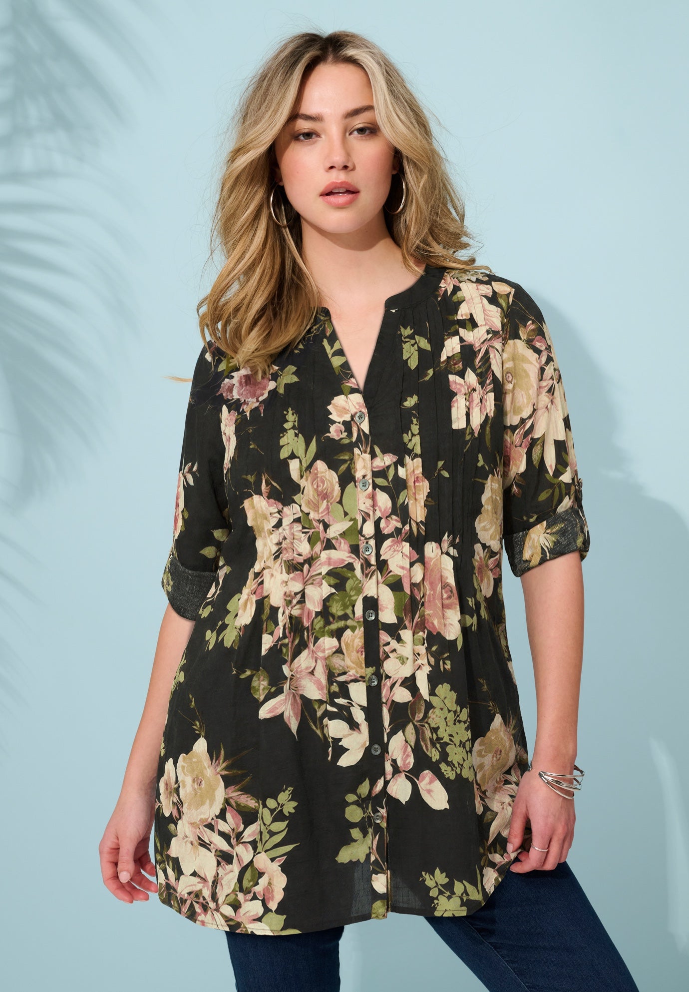 Plus Size Floral Y-Neck Pintuck Tunic &ndash; Adjustable Long Sleeve Button-Front, Relaxed Shirt Style image number 0