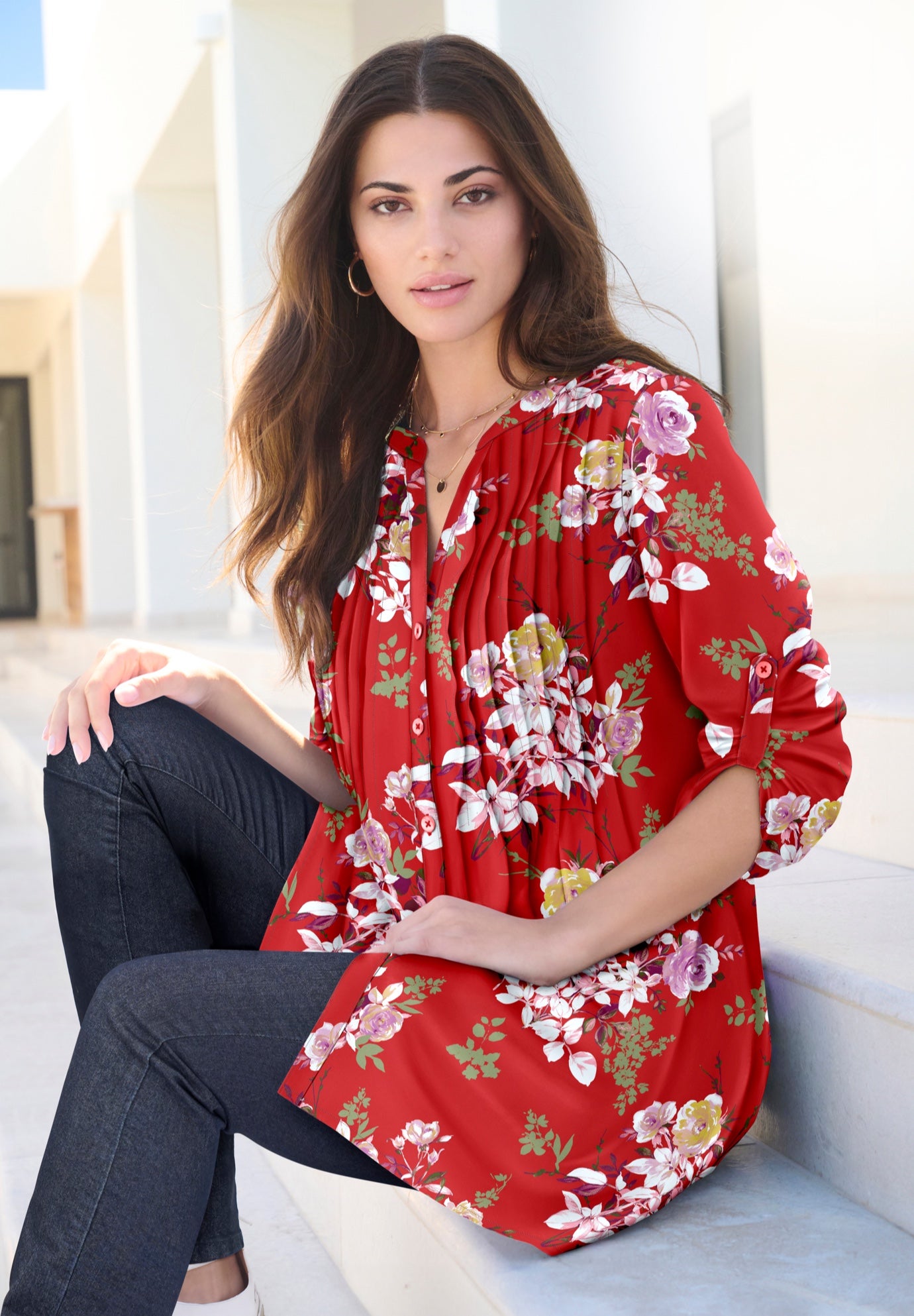 Plus Size Pintuck Tunic Blouse &ndash; Y-Neck & Roll-Tab Sleeves image number 1