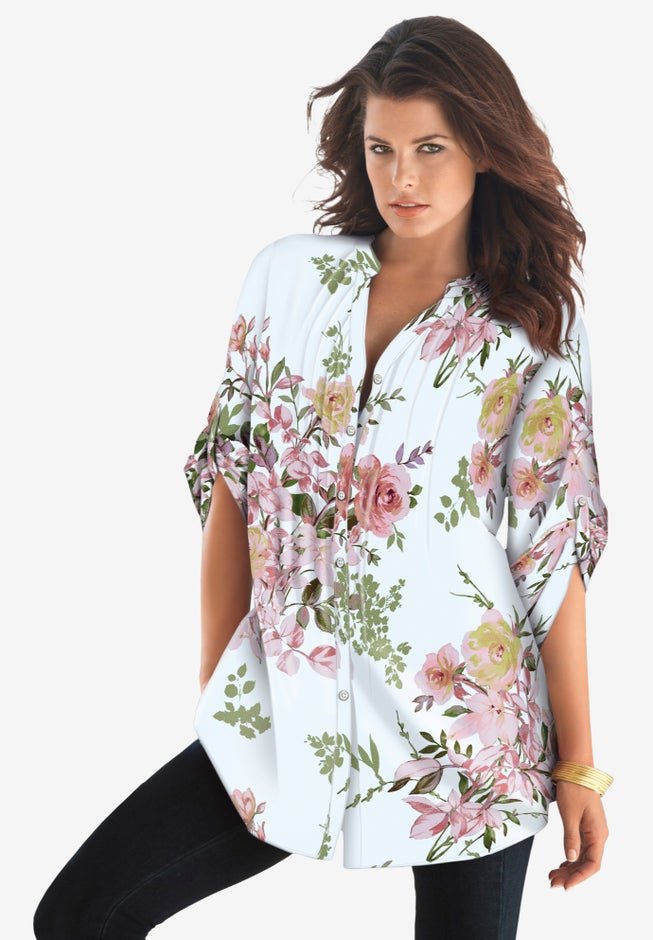 Plus Size Pintuck Tunic Blouse &ndash; Y-Neck & Roll-Tab Sleeves image number 1
