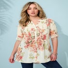 Plus Size Pintuck Tunic Blouse &ndash; Y-Neck & Roll-Tab Sleeves image number null