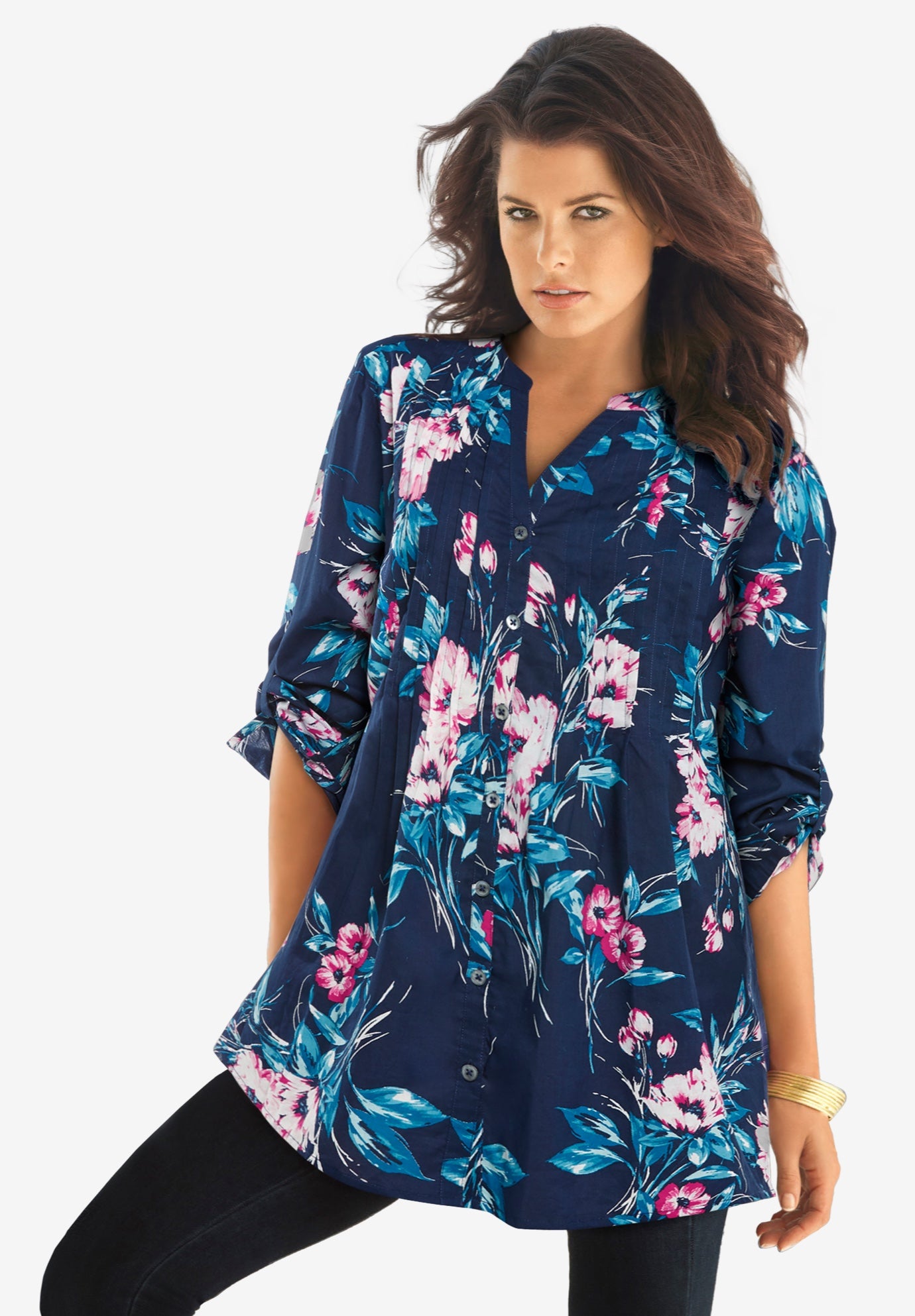 Plus Size Pintuck Tunic Blouse &ndash; Y-Neck & Roll-Tab Sleeves image number 0