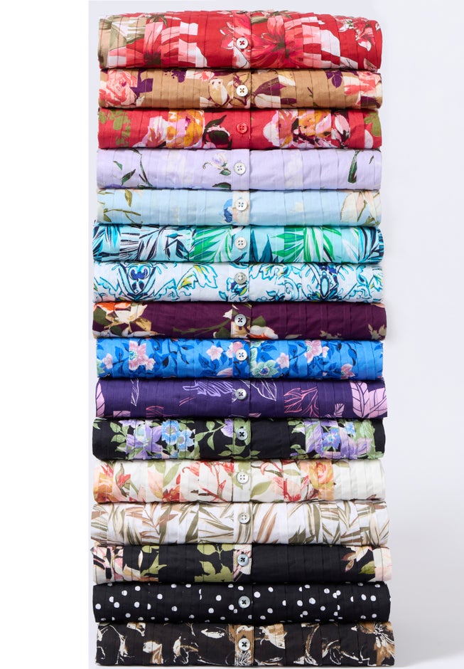 Plus Size Floral Y-Neck Pintuck Tunic &ndash; Adjustable Long Sleeve Button-Front, Relaxed Shirt Style image number 7