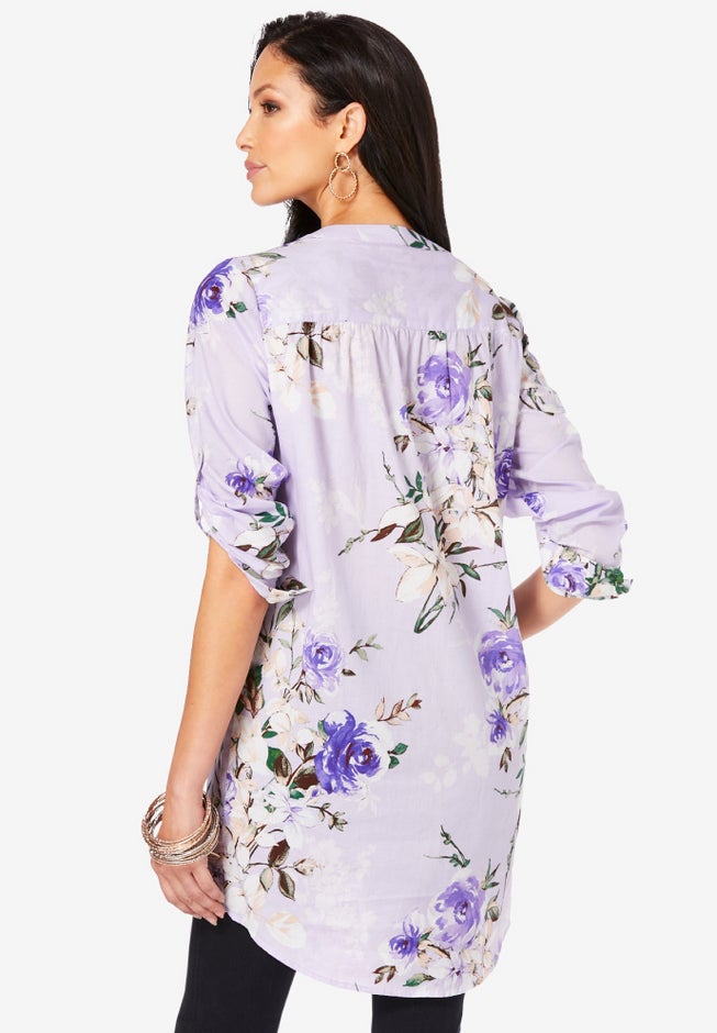 Plus Size Floral Y-Neck Pintuck Tunic &ndash; Adjustable Long Sleeve Button-Front, Relaxed Shirt Style image number 2