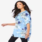 Plus Size Floral Y-Neck Pintuck Tunic &ndash; Adjustable Long Sleeve Button-Front, Relaxed Shirt Style image number null