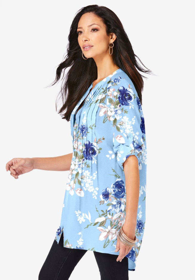 Plus Size Floral Y-Neck Pintuck Tunic &ndash; Adjustable Long Sleeve Button-Front, Relaxed Shirt Style image number 3