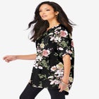 Plus Size Floral Y-Neck Pintuck Tunic &ndash; Adjustable Long Sleeve Button-Front, Relaxed Shirt Style image number null