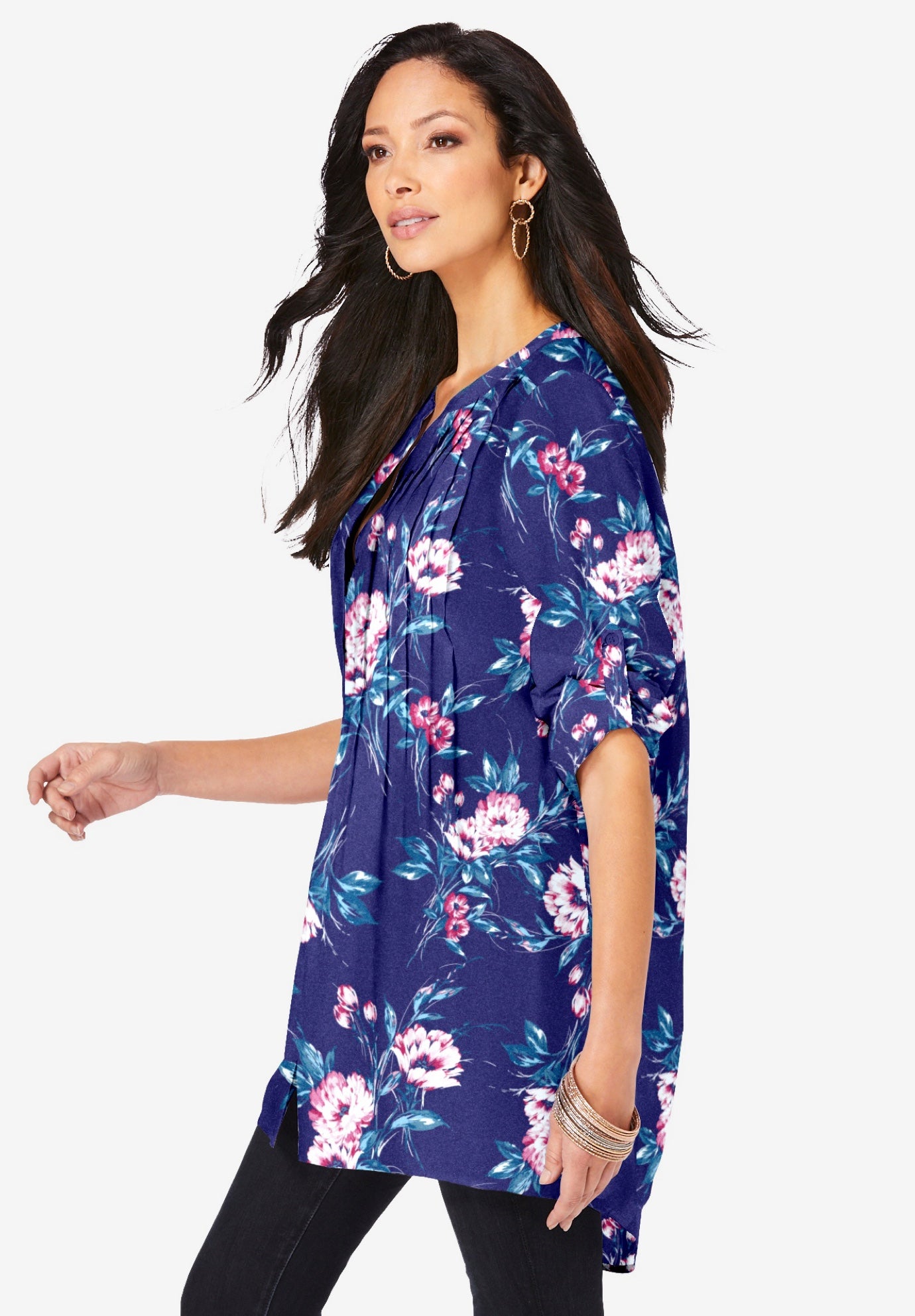 Plus Size Pintuck Tunic Blouse &ndash; Y-Neck & Roll-Tab Sleeves image number 2