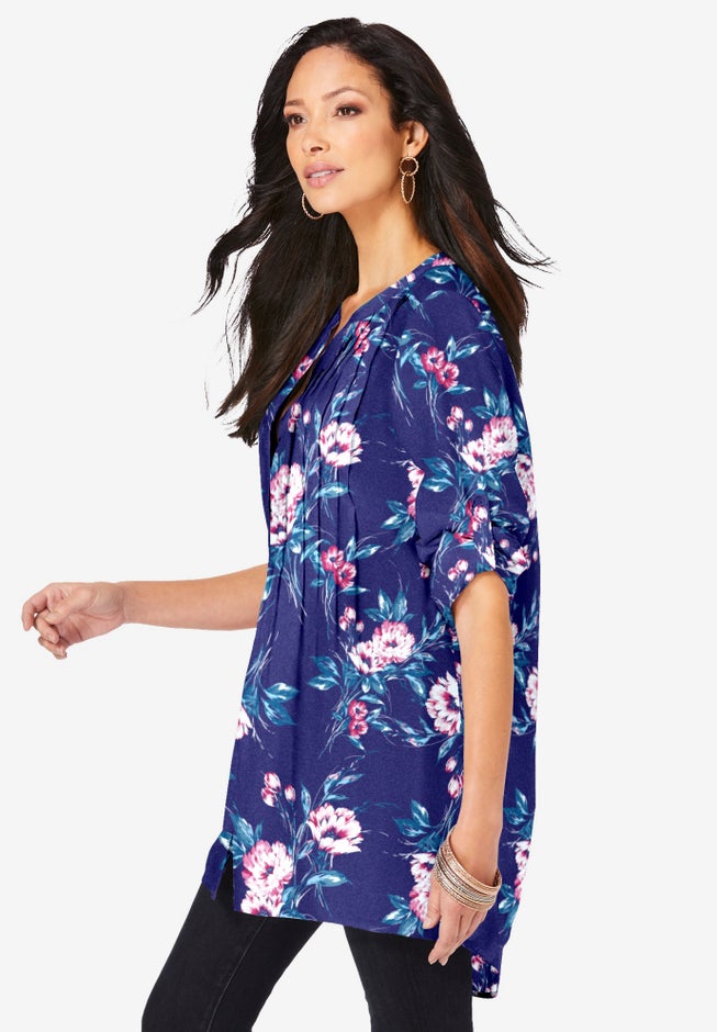 Plus Size Pintuck Tunic Blouse &ndash; Y-Neck & Roll-Tab Sleeves image number 2