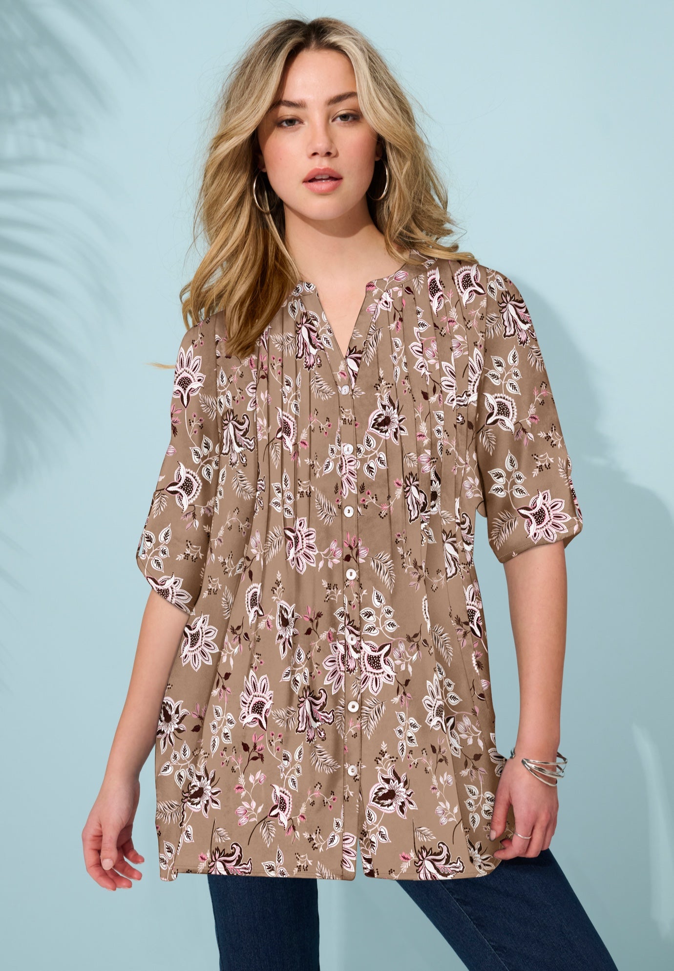 Plus Size Floral Y-Neck Pintuck Tunic &ndash; Adjustable Long Sleeve Button-Front, Relaxed Shirt Style image number 0