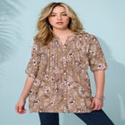 Plus Size Floral Y-Neck Pintuck Tunic &ndash; Adjustable Long Sleeve Button-Front, Relaxed Shirt Style image number null