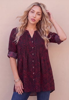Plus Size Pintuck Tunic Blouse &ndash; Y-Neck & Roll-Tab Sleeves