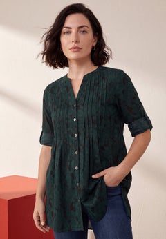 Plus Size Pintuck Tunic Blouse &ndash; Y-Neck & Roll-Tab Sleeves