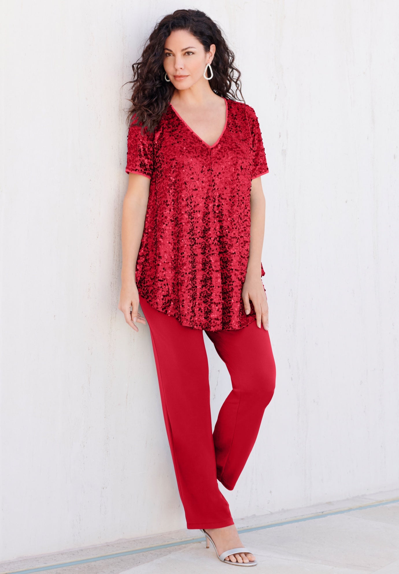 Plus-Size 2 Piece S/S Sequin Top and Pant Set image number 0