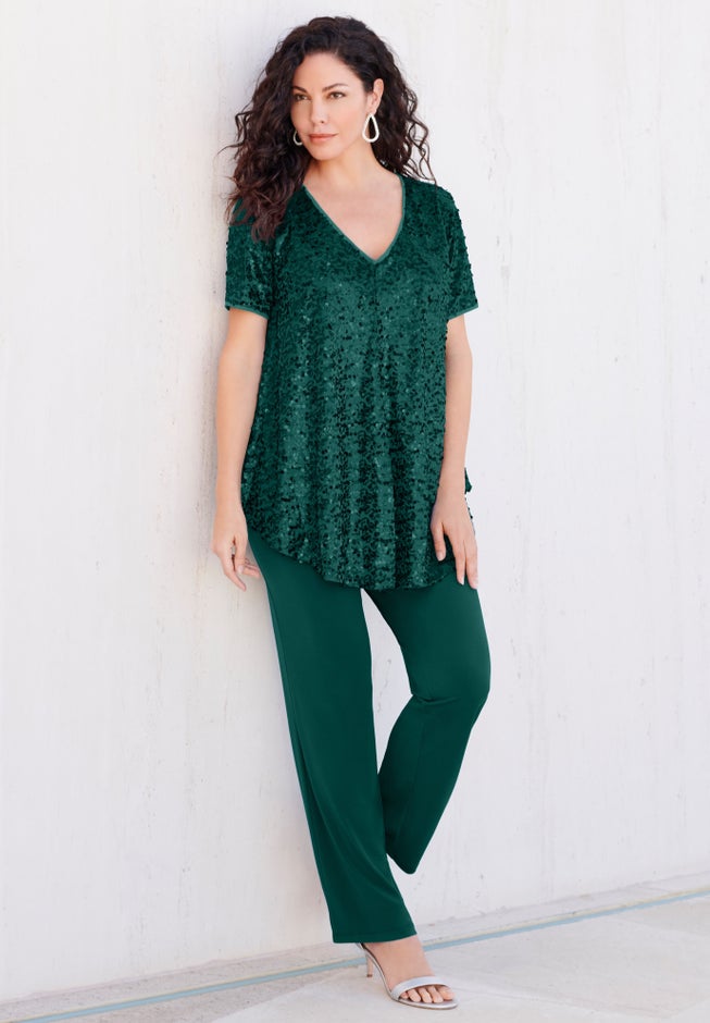 Plus-Size 2 Piece S/S Sequin Top and Pant Set image number 1