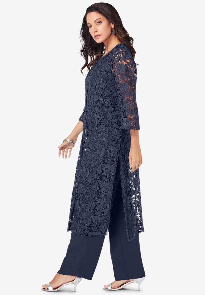 Plus Size 3-Piece Allover Lace Duster Pant Set – Formal Wear image number 3