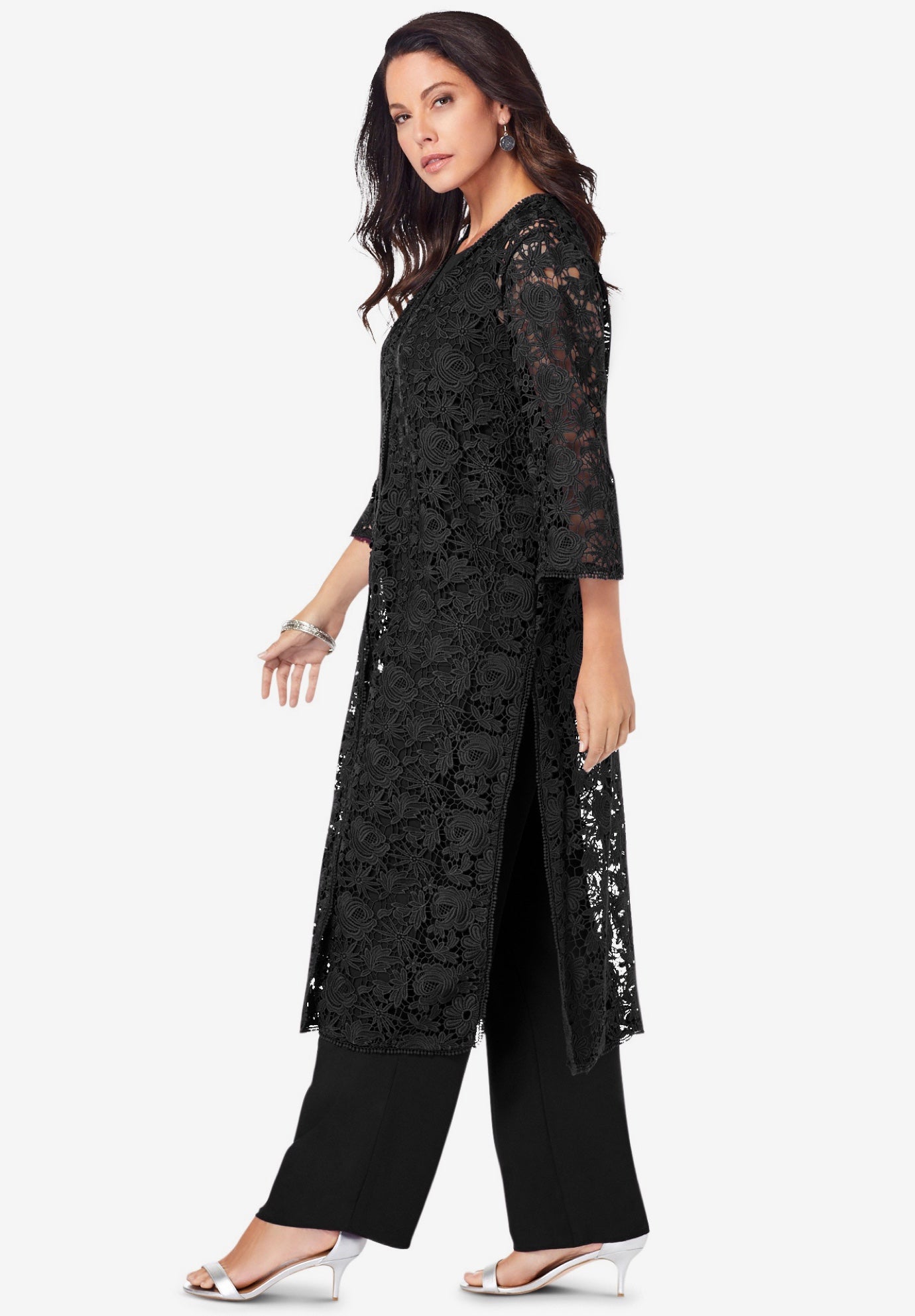 Plus Size 3-Piece Allover Lace Duster Pant Set &ndash; Formal Wear image number 2
