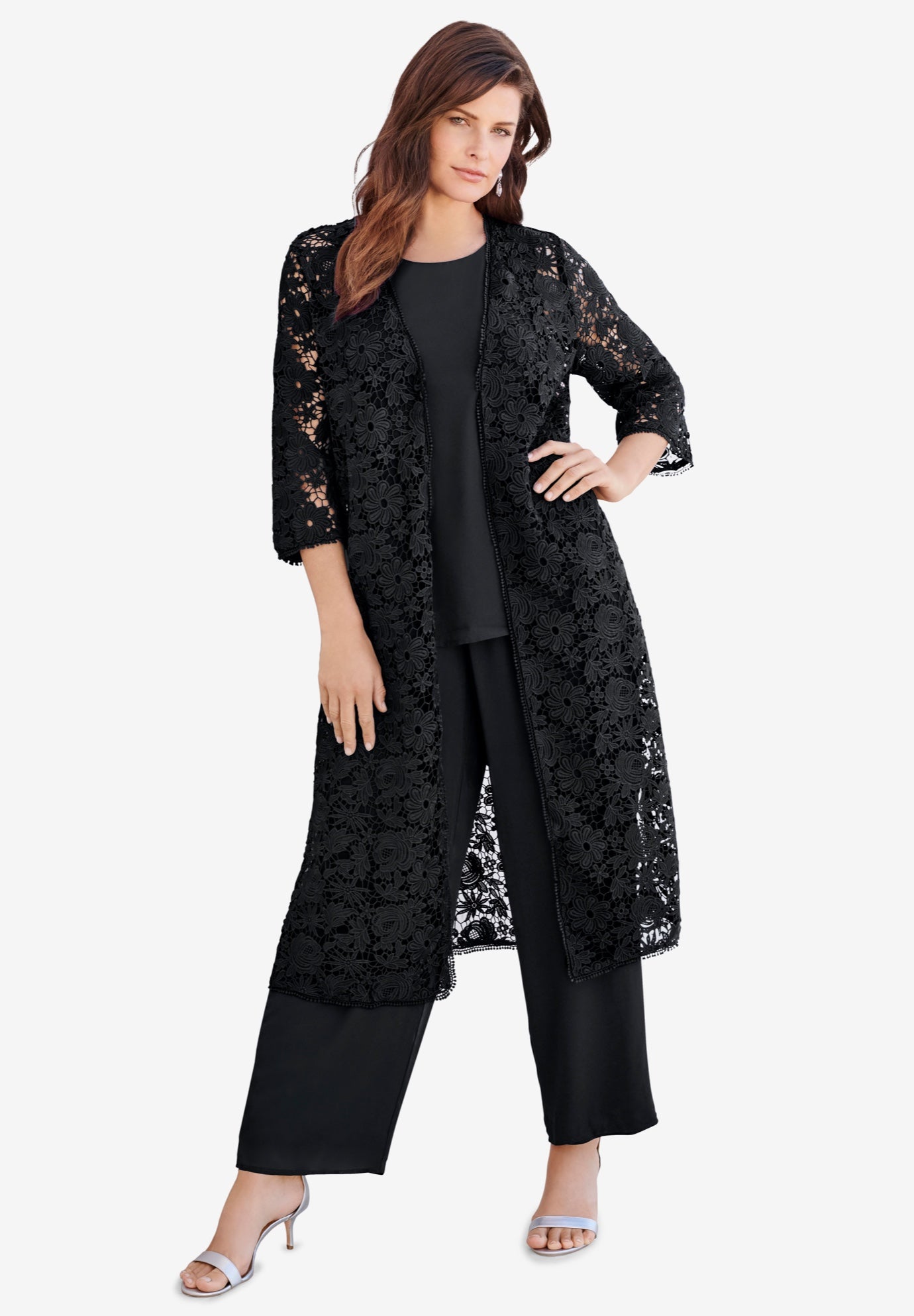 Plus Size 3-Piece Allover Lace Duster Pant Set &ndash; Formal Wear image number 0