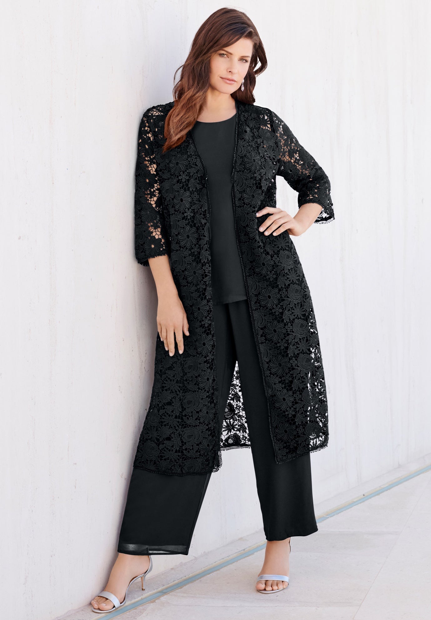Plus Size 3-Piece Allover Lace Duster Pant Set &ndash; Formal Wear image number 0