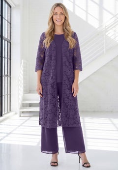 Plus Size 3-Piece Allover Lace Duster Pant Set &ndash; Formal Wear