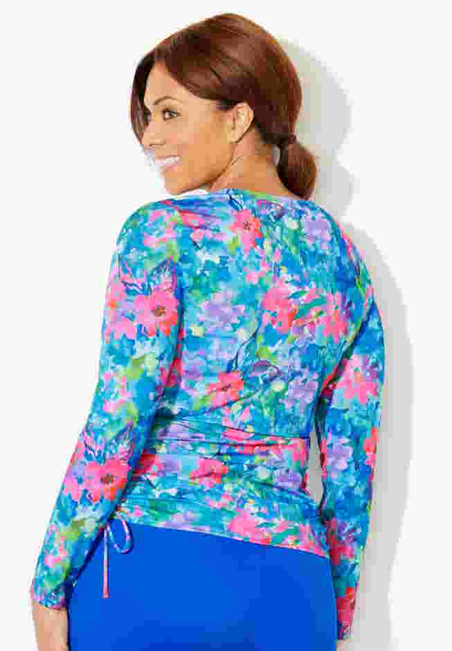 Adjustable Side Tie Long Sleeve Swim Tee with Built-In Bra image number 1
