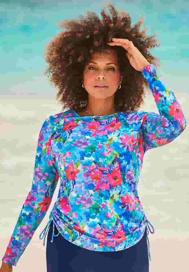 Adjustable Side Tie Long Sleeve Swim Tee with Built-In Bra image number 0