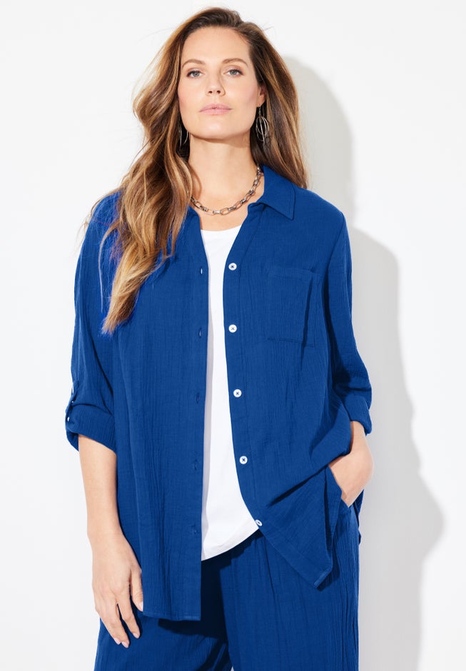 AnyWear Pucker Cotton Buttonfront Roll Tab Shirt image number 1