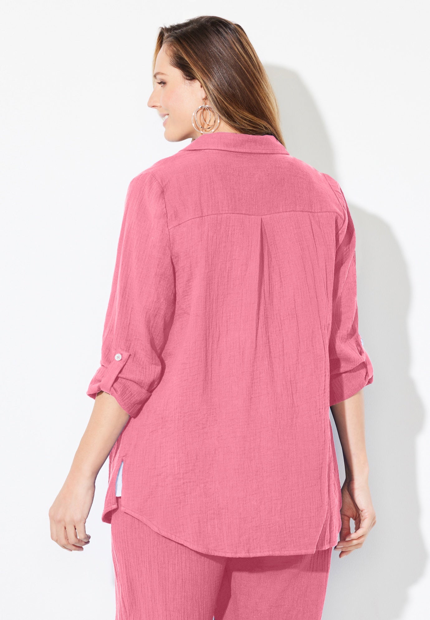 AnyWear Pucker Cotton Buttonfront Roll Tab Shirt image number 1