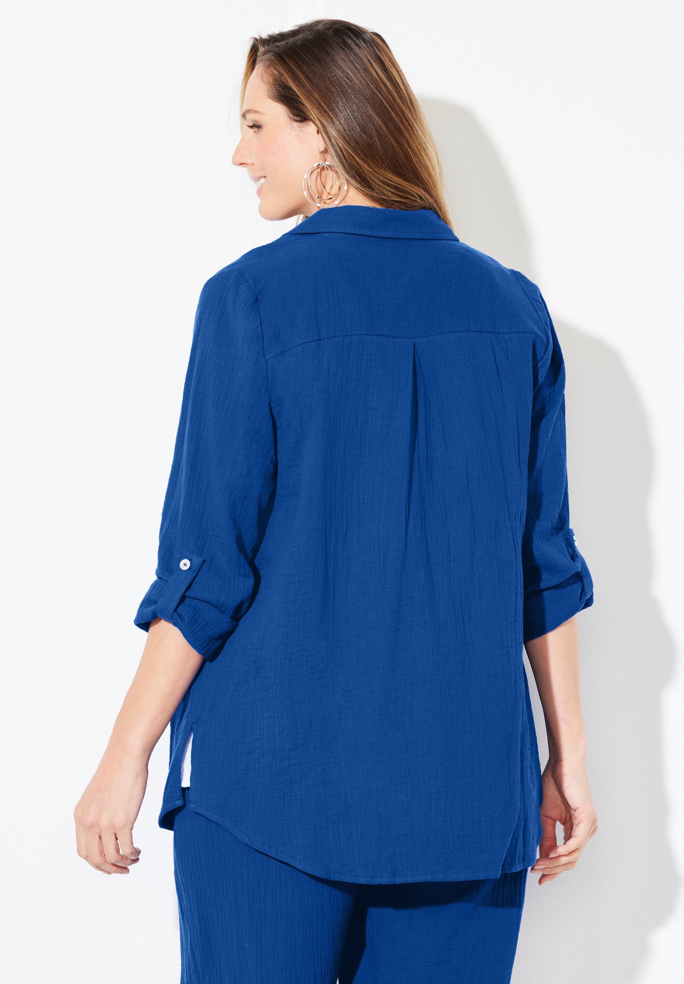 AnyWear Pucker Cotton Buttonfront Roll Tab Shirt image number 1