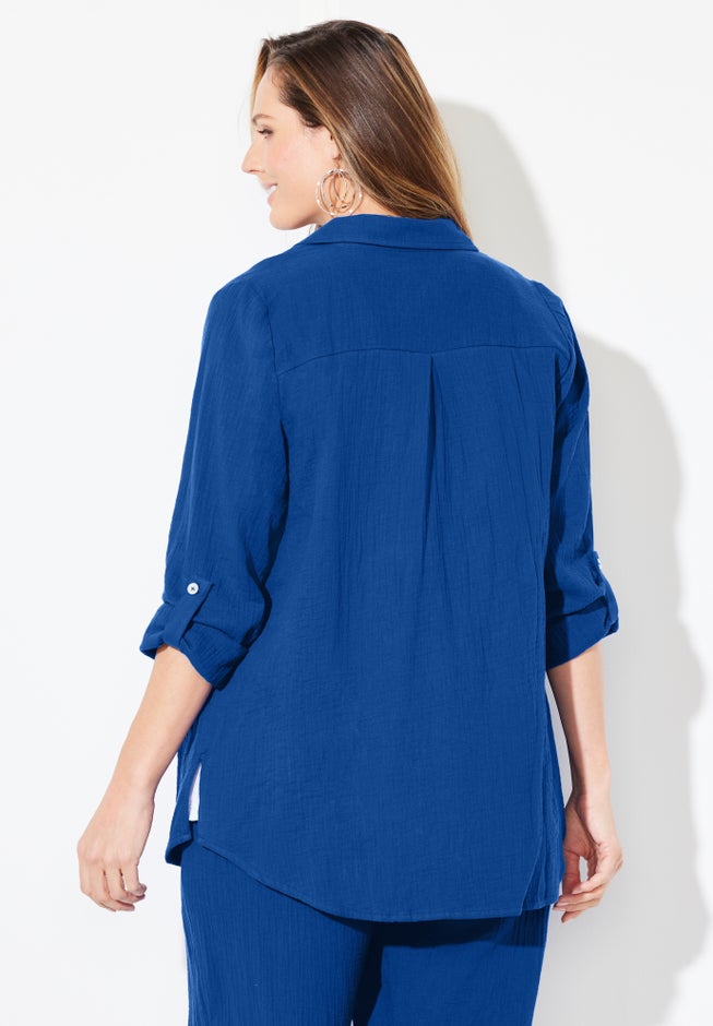 AnyWear Pucker Cotton Buttonfront Roll Tab Shirt image number 1