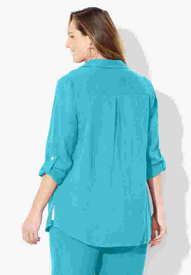 AnyWear Pucker Cotton Buttonfront Roll Tab Shirt image number 1