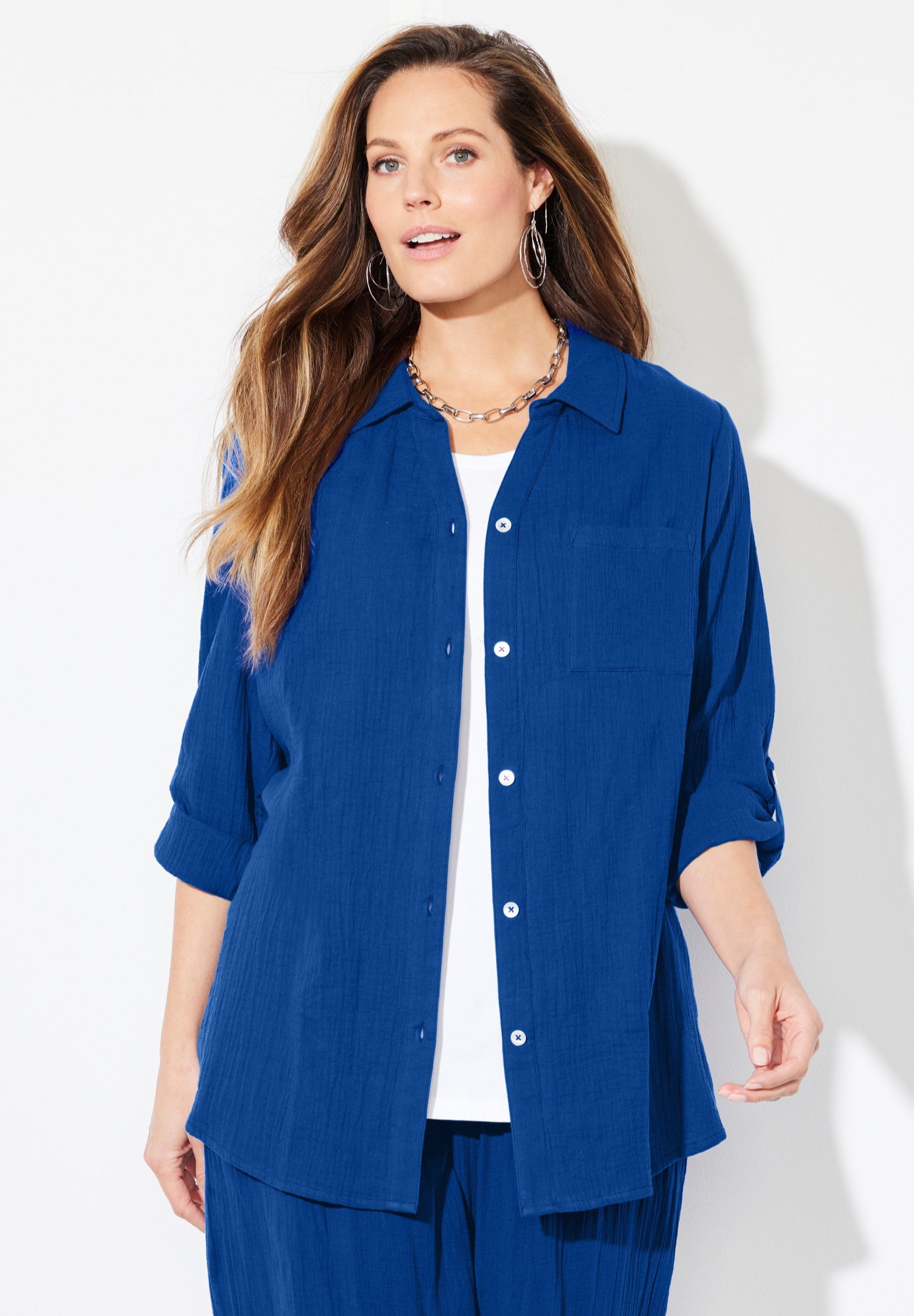 AnyWear Pucker Cotton Buttonfront Roll Tab Shirt image number 0