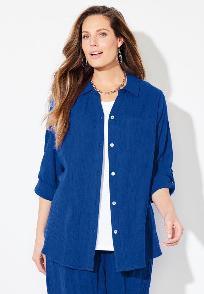 AnyWear Pucker Cotton Buttonfront Roll Tab Shirt image number 0