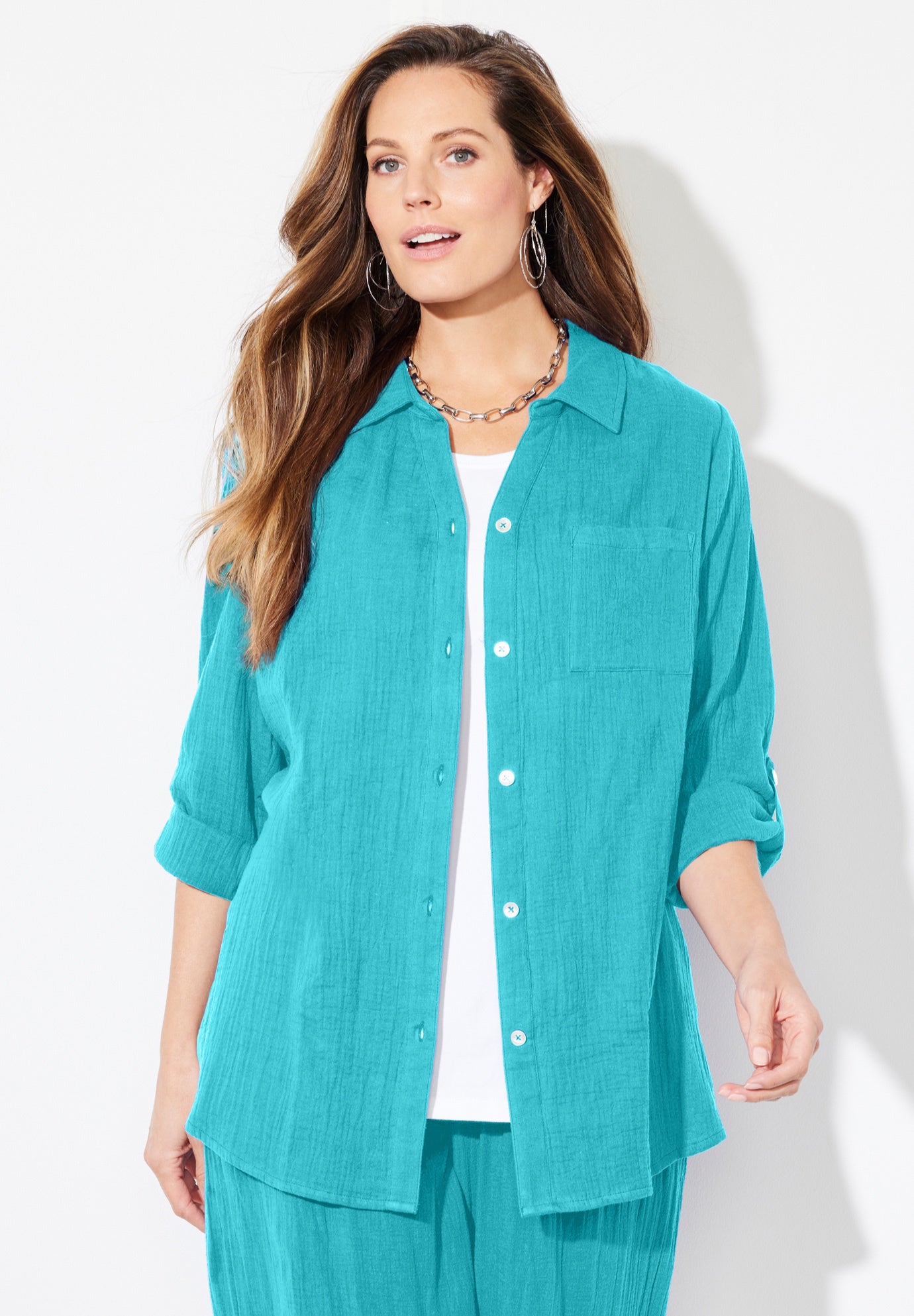 AnyWear Pucker Cotton Buttonfront Roll Tab Shirt image number 0