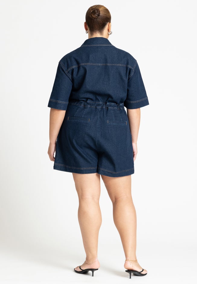Denim Collared Wrap Romper image number 1