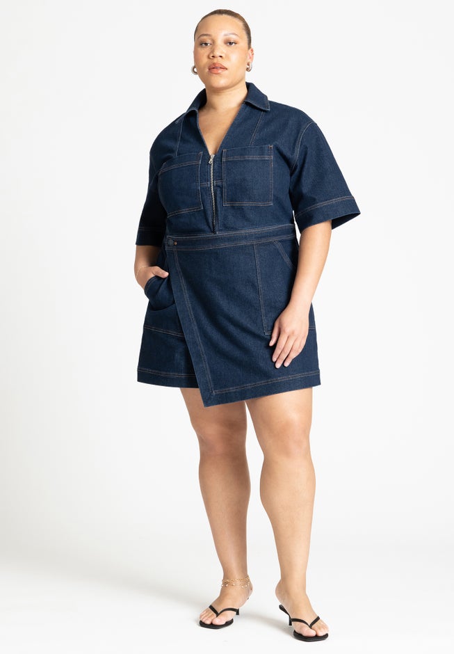 Denim Collared Wrap Romper image number 0