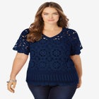 Plus Size Medallion Pattern French Crochet Sweater Top image number null