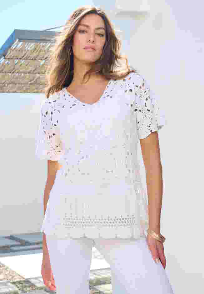 Plus Size Medallion Pattern French Crochet Sweater Top image number 0
